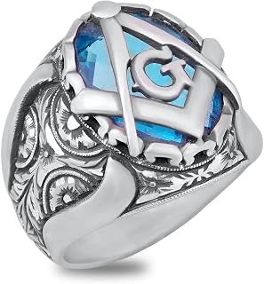 Free Mason Ring, Sterling Silver Mason Ring, Hand Engraved Masonic Jewelry, Blue Gemstone Heavy Ring, Square and Compass Ring, Statement Ring for Men