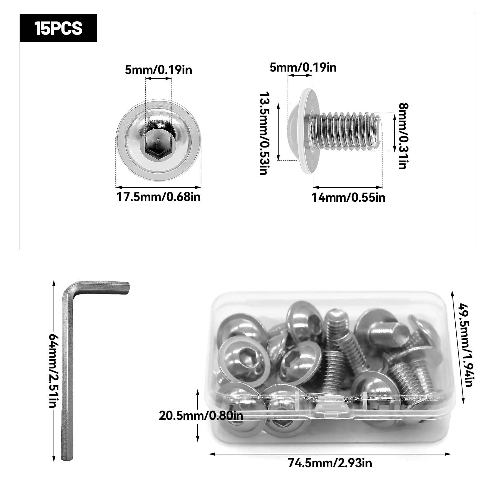 Confezione da 15 Viti Testa Bombata M8 x 14 mm, Esagono Incassato, Flangiate Inox Cava Esagonale Con Chiave a Brugola e Scatola