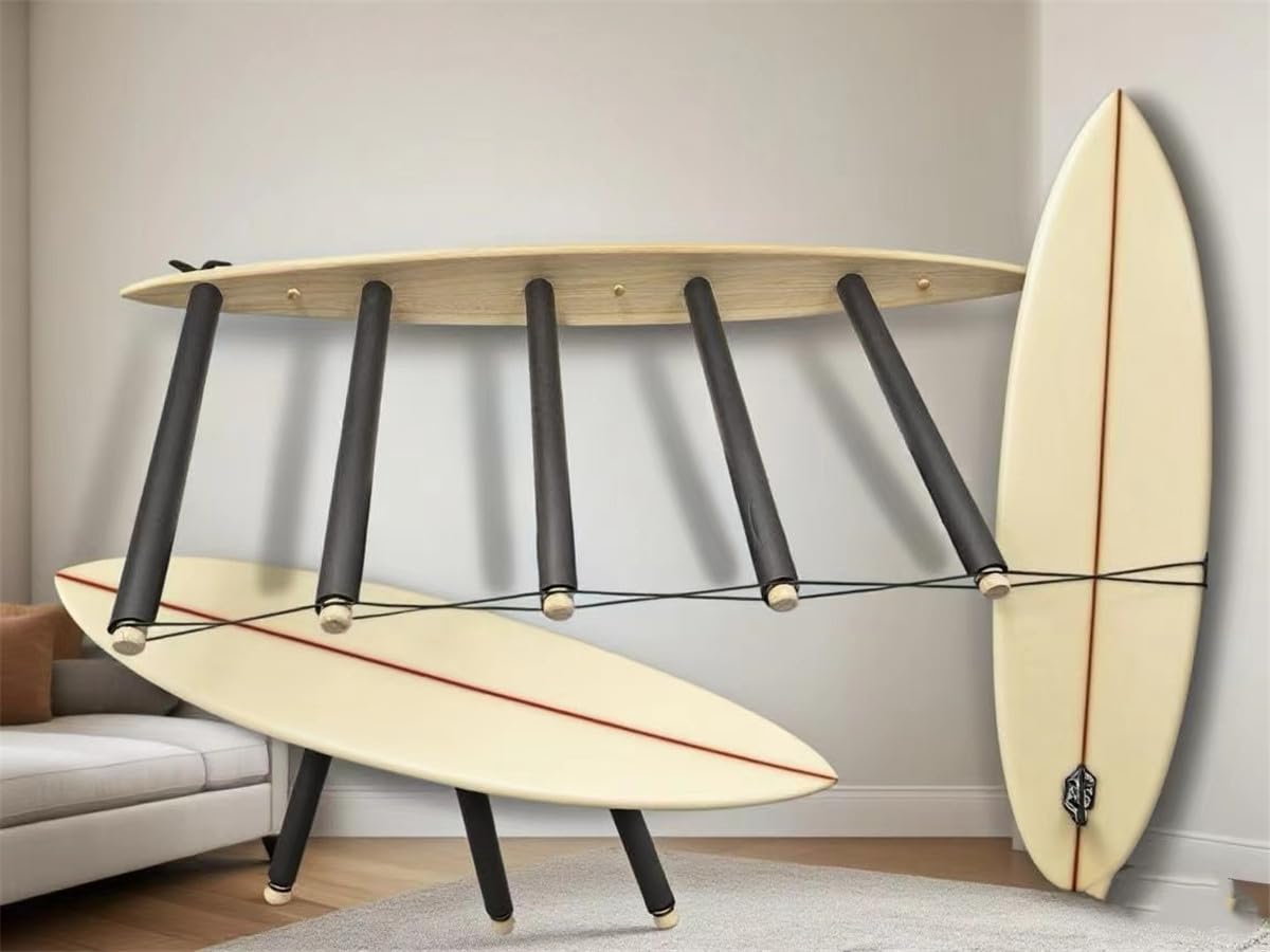 Soporte vertical para tabla de surf - Madera dura duradera con alfombra de goma, 6 brazos (5 a 6 tablas), soporte de surf para pared, almacenamiento de tablas de surf, wakeboard, tabla de