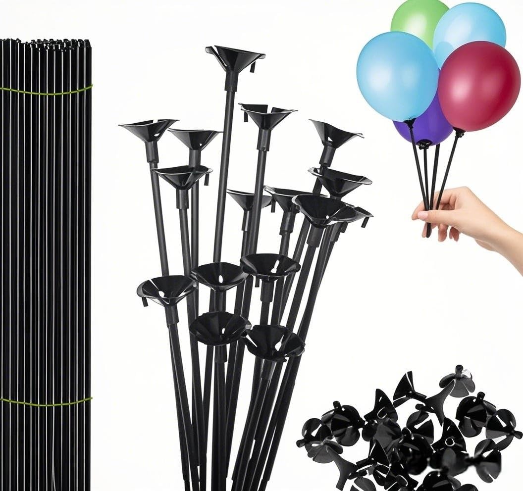 Holoras 100 Pcs Balloon Sticks with Base, Plastic Balloon Sticks Baloon Holder Balloon Straws for Party, Birthday, Wedding, Anniversary Decoration, Black