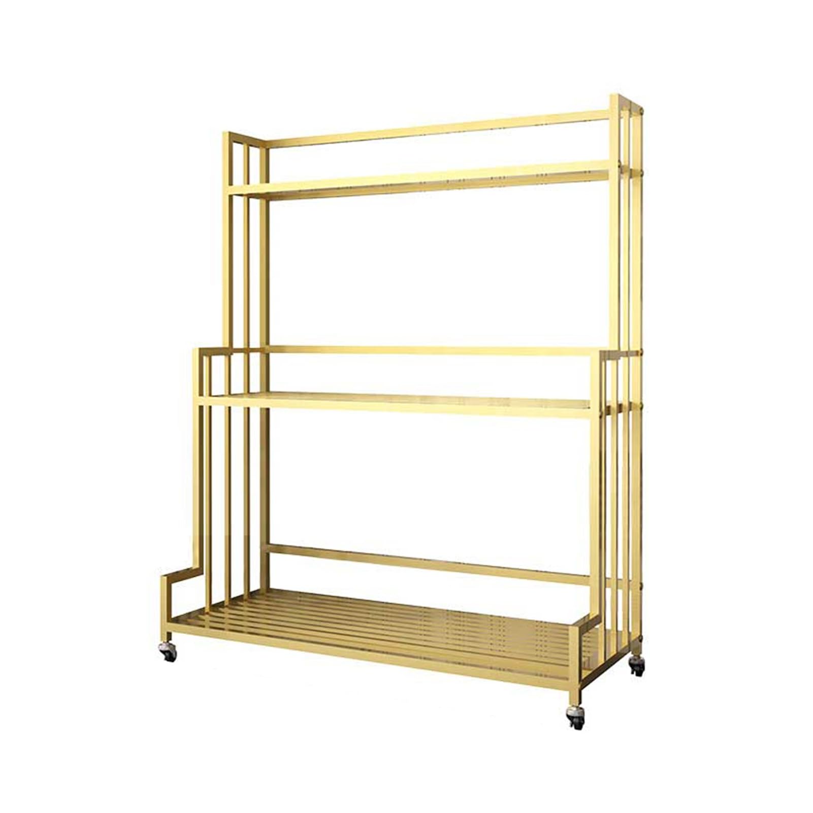 Estante de flores de metal de 3 niveles, soporte para plantas de interior al aire libre con ruedas, pantalla de ahorro de espacio multinivel, maceta de jardín de 150 kg de capacidad (oro, 90,5 x 70 x