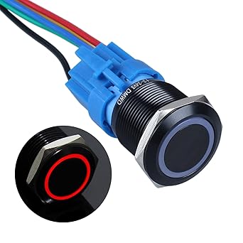 DMWD 1PC 22MM Latching Push Button Switch 12V-24V Waterproof Self Locking 1NO 1NC ON-Off Black Metal Shell Button with Wire Socket Plug for 7/8 Mounting Hole (Halo Ring Red LED)
