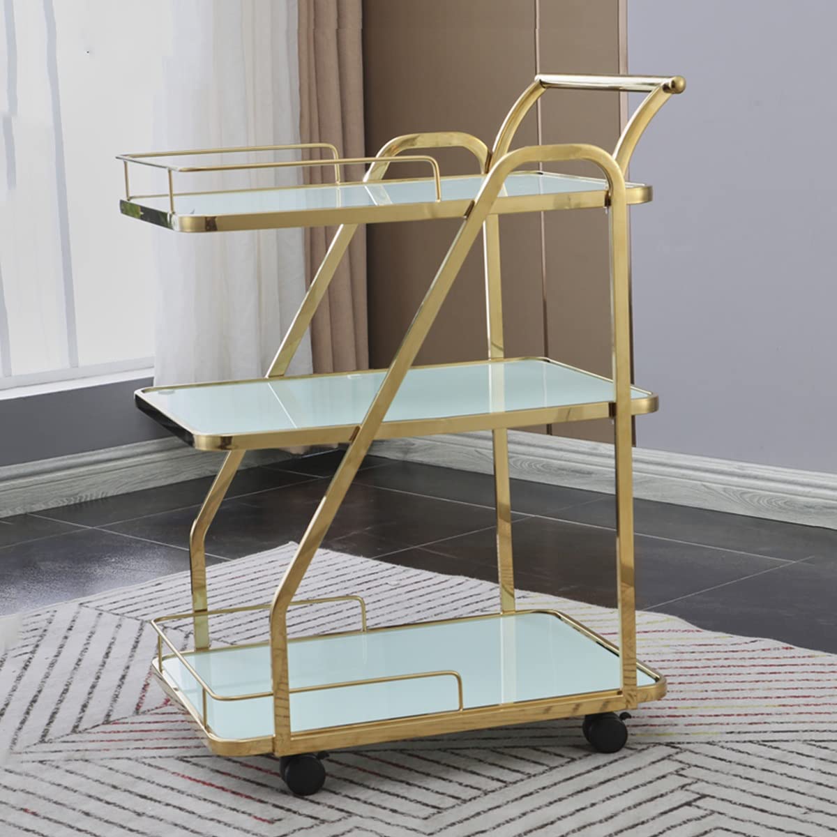 MFRELMNZG 3 Tier Drinks Trolley with Tempered Glass Shelves and Wheels for Kitchen Island Cart 24.8" x 17.7" x 33" Serving Cart Trolley