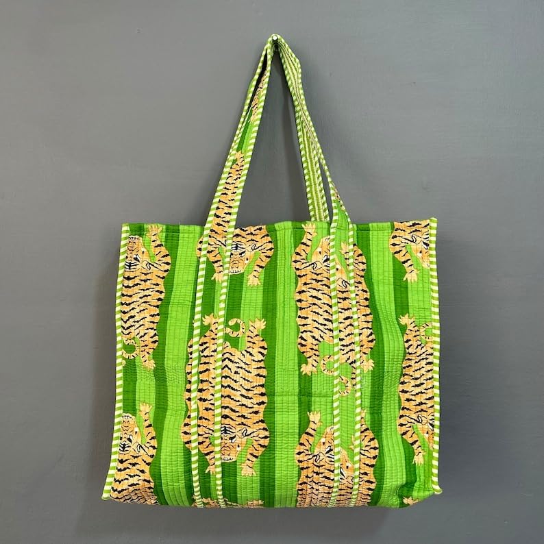 Image of YILLE Cotton Quilted Floral & Tiger Print Tote Bag, 18 x 18 inches For Grocery Shopping, Travel