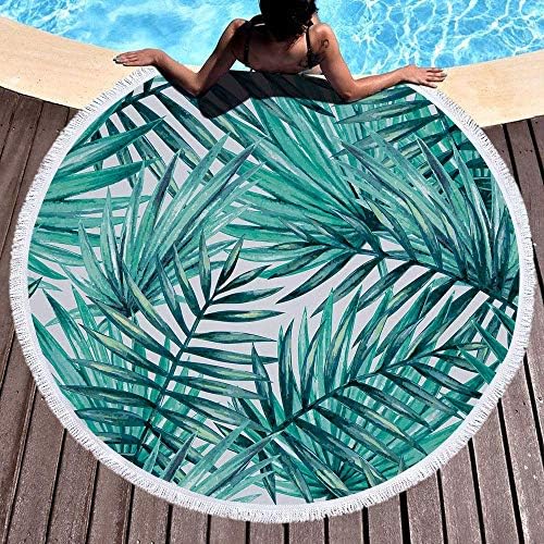 IcosaMro Round Beach Towel Tropical Palm Leaves Beach Blanket Large Roundie Lightweight Beach Towel for Kids Women Men Boy Girl, 59 Inch, Green