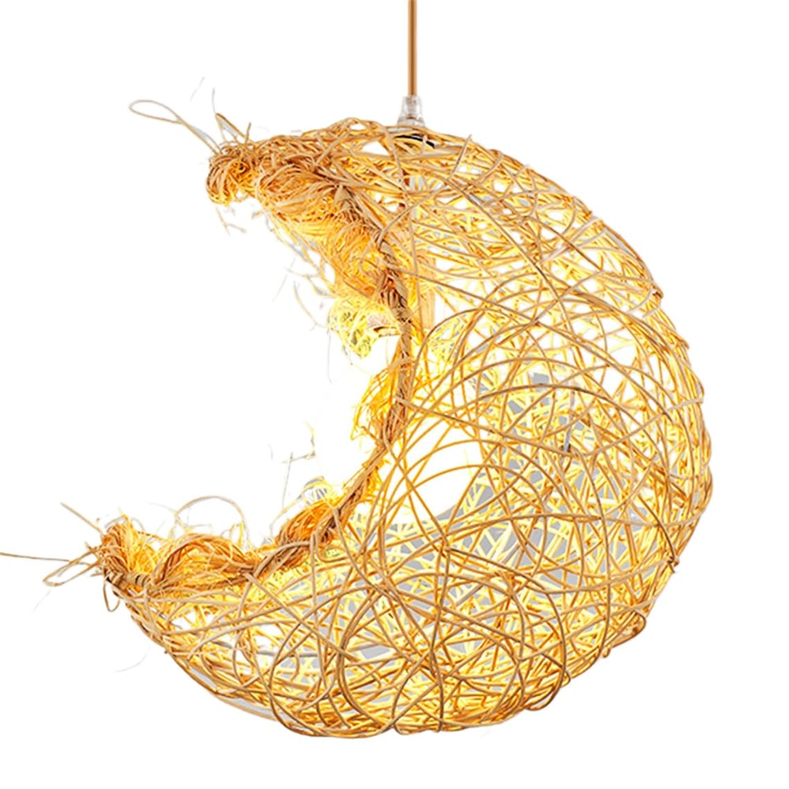 LQZCXMF Moon-Shaped 15.7'' Rattan Light Fixture 1-Light Boho Bamboo Chandelier Foyer Small Pendant Lights Beige Rattan Basket Lamp Shade for Bedroom, Dining Room, Living Room, Entryway, Foyer