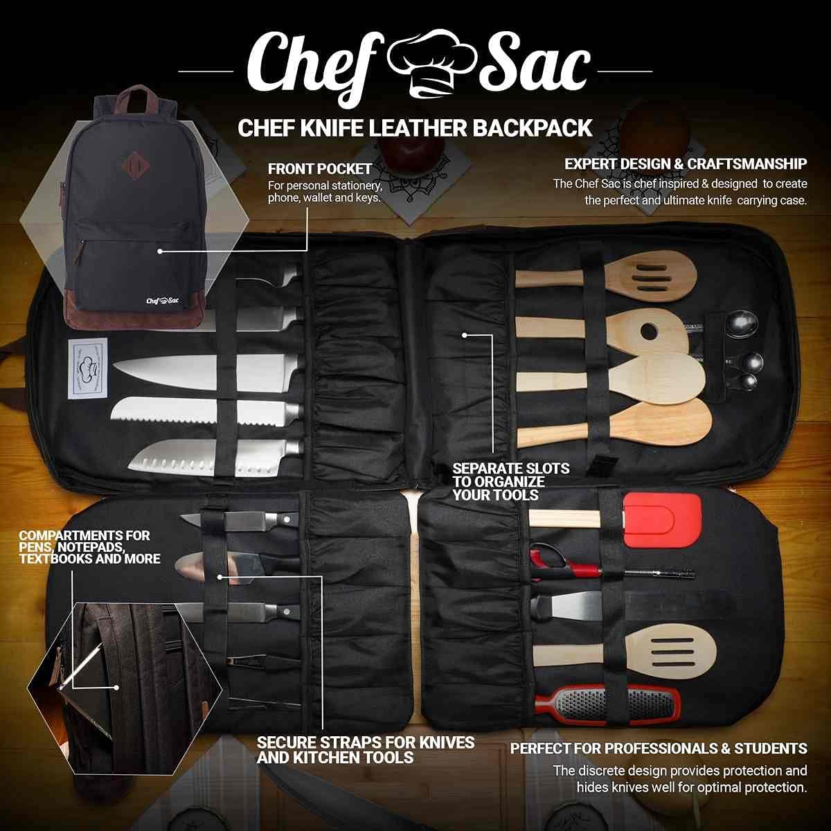Chef Knife Bag Leather Finish Backpack | Premium Knife Storage & Chef Backpack | Knife Case with 30+ Pockets for Knives & Kitchen Tools | Knife Organizer for Chefs & Culinary Students (Black): Home & Kitchen