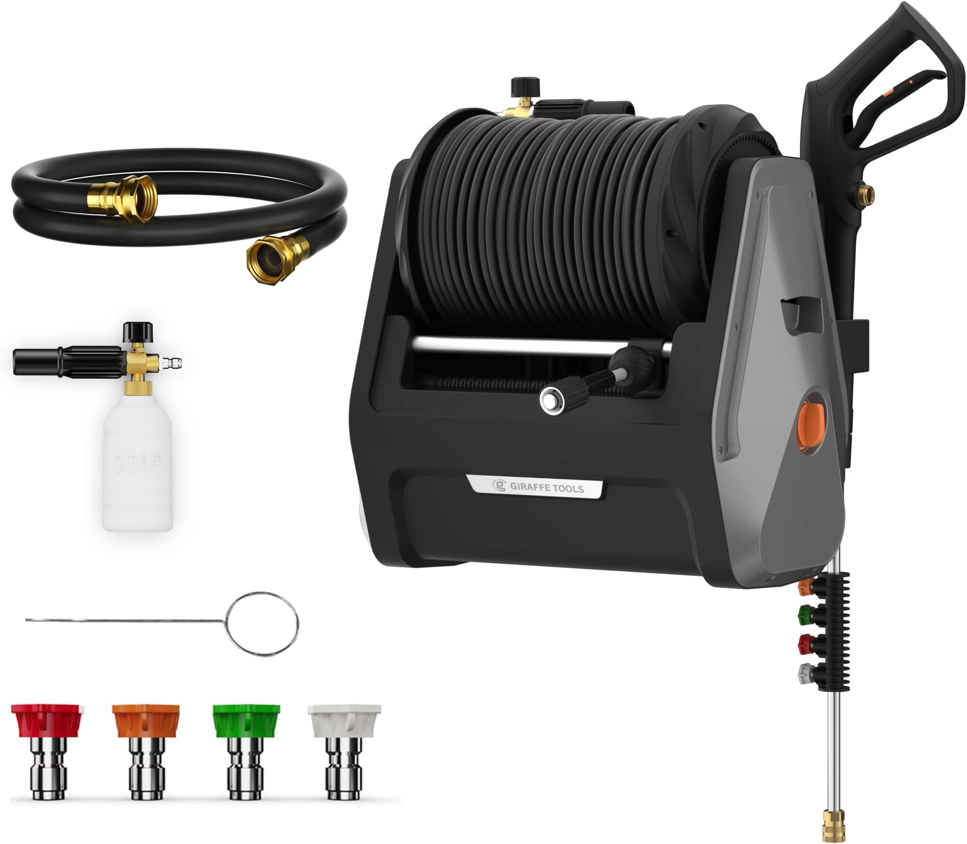 Giraffe Tools Grandfalls Pressure Washer, Electric Wall Mounted Power Washer with 100FT Retractable Hose, Soap Tank and 4-Nozzle Set, Dark Silver
