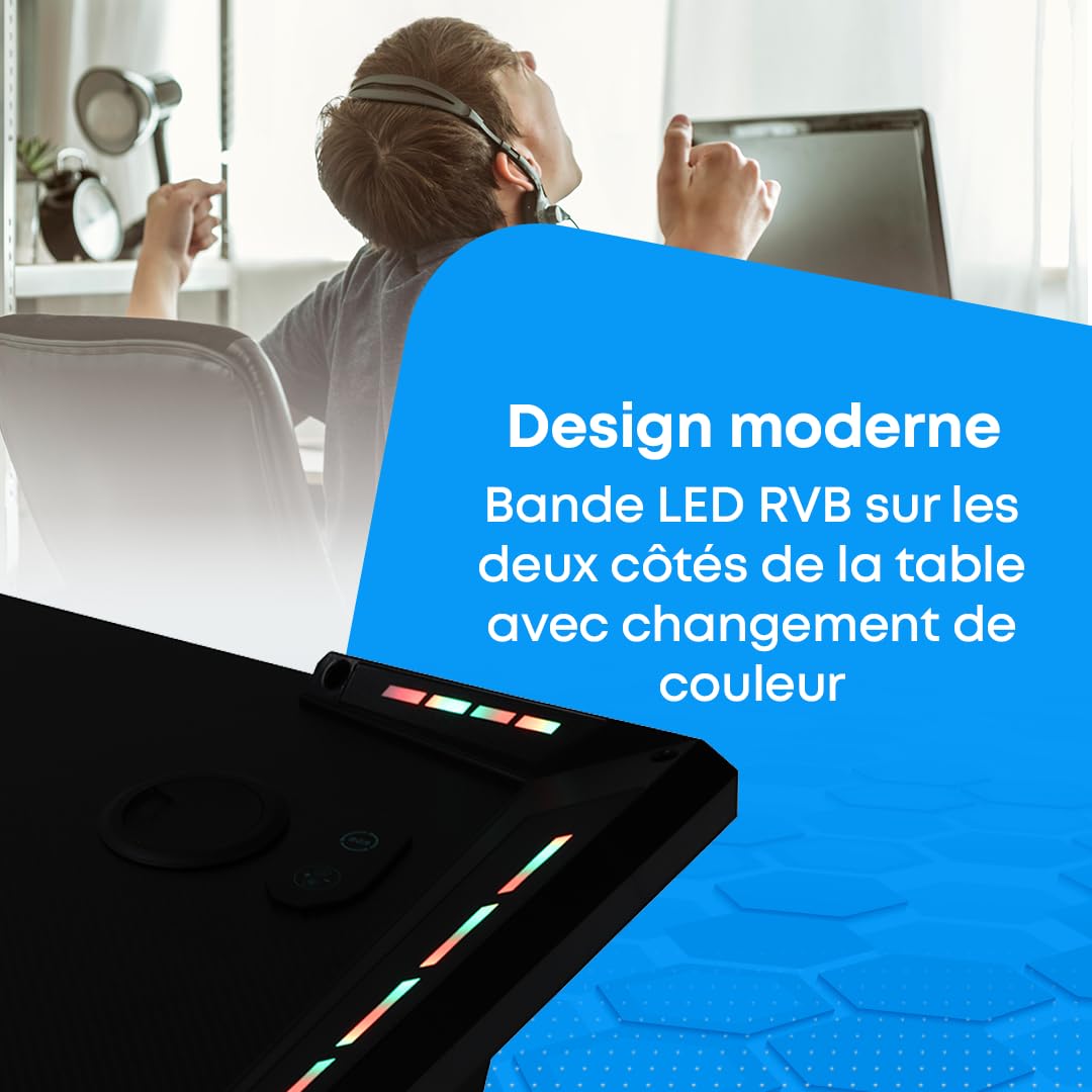 NK Bureau Gaming LED Ergonomique (120X60cm) - Porte-gobelets et Bouteilles, Support pour Casque, Gestion des Câbles, Bureau de Jeu, Plateau 1.5cm (Résistance) Poids Maximum Supporté 100kg - Blanc