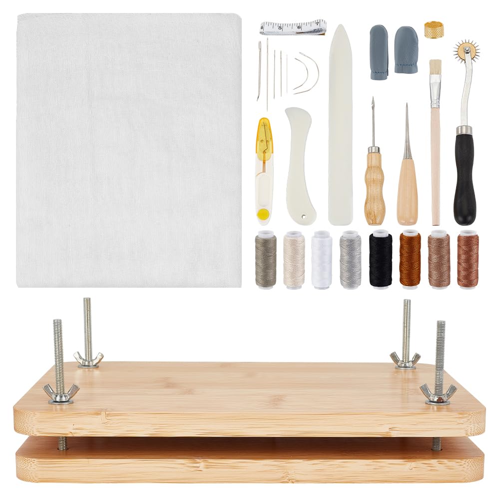 AHANDMAKER 12 x 8 Buchpresse Buchbinderei Buchbinde Sets Buchbindezubehör Mit Falzbein Ahle Nadeln Mit Großem Öhr Buchtuch Holz Buchbinde Starter Werkzeuge Für Handgefertigte DIY Bücher Blumenpresse