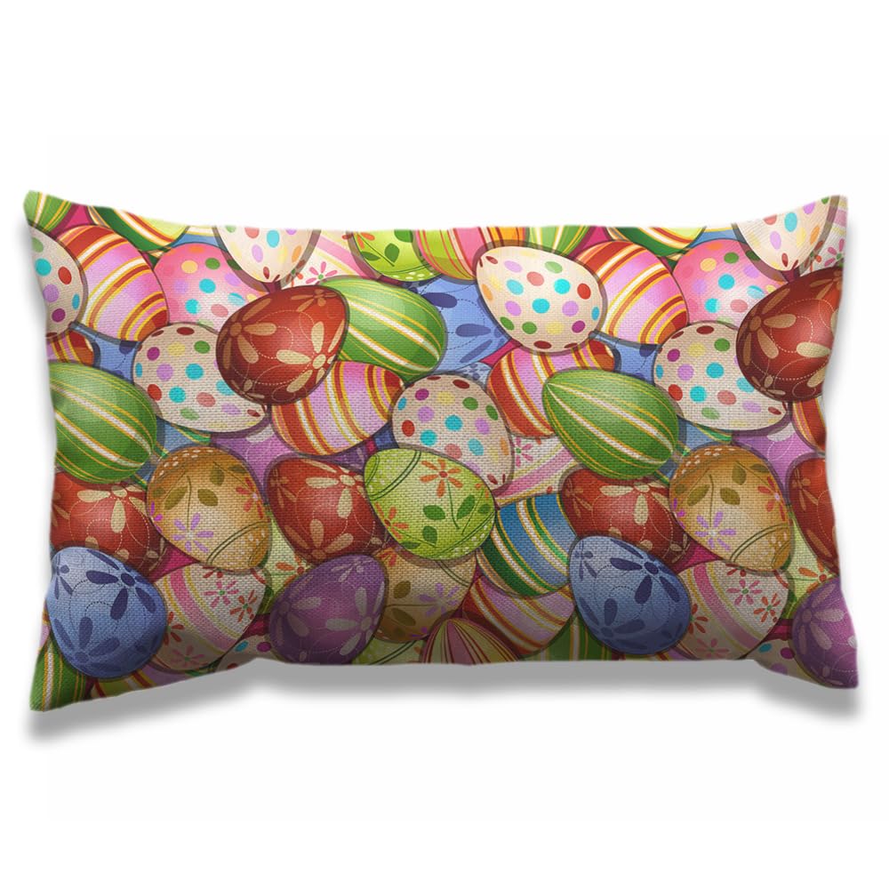AOYEGO Easter Colorful Eggs Pillow Case 12x20 Inch Painted Egg Rectangle Throw Pillow Covers Home Decor Cotton Linen Cushion for Men Women Boys Girls