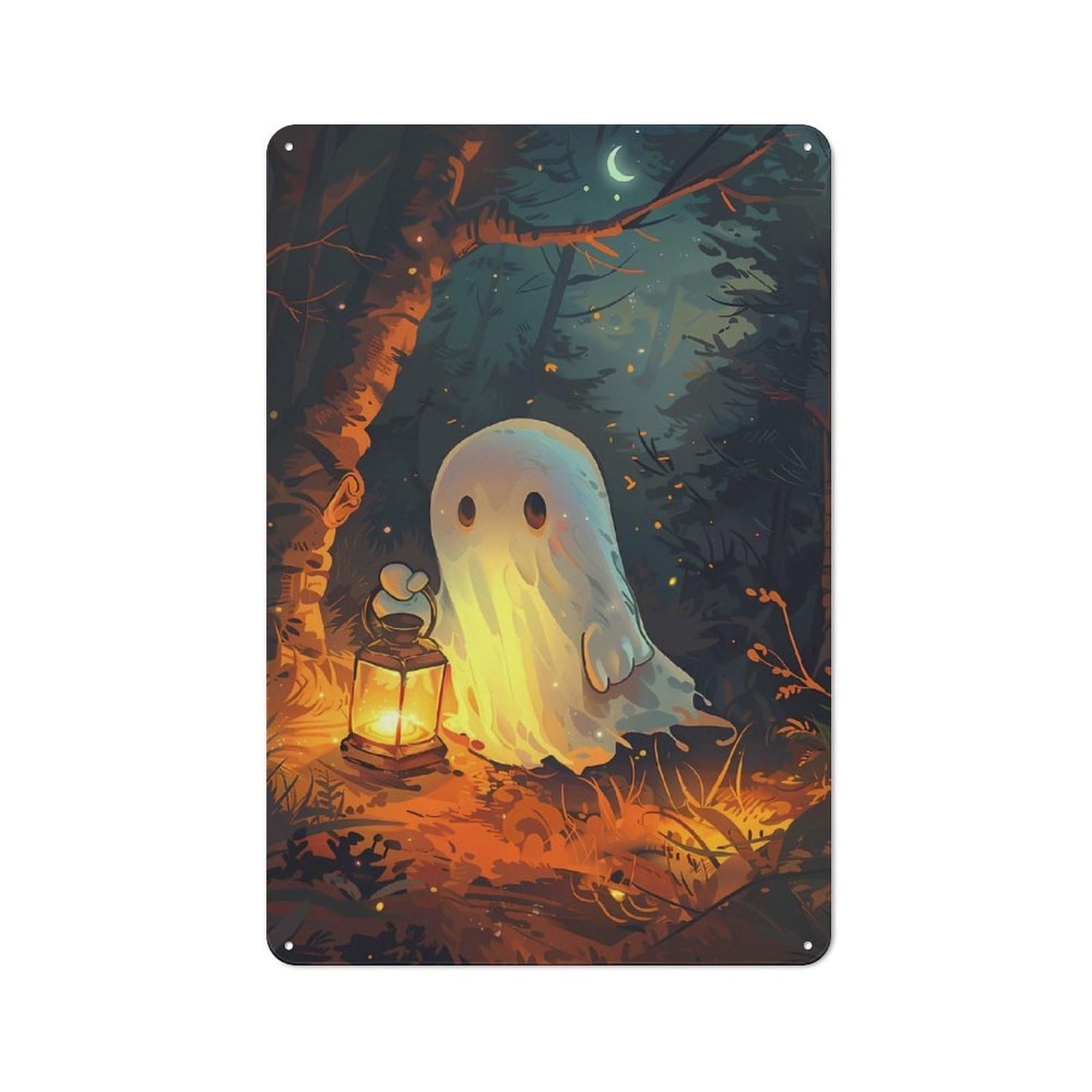 Junmoney Cute Spooky Ghost Holding A Lantern Decorative Metal Sign 30X20cm, Creative Studio Wall Plaque For Hobby Room, Office, Lounge Or Living Room