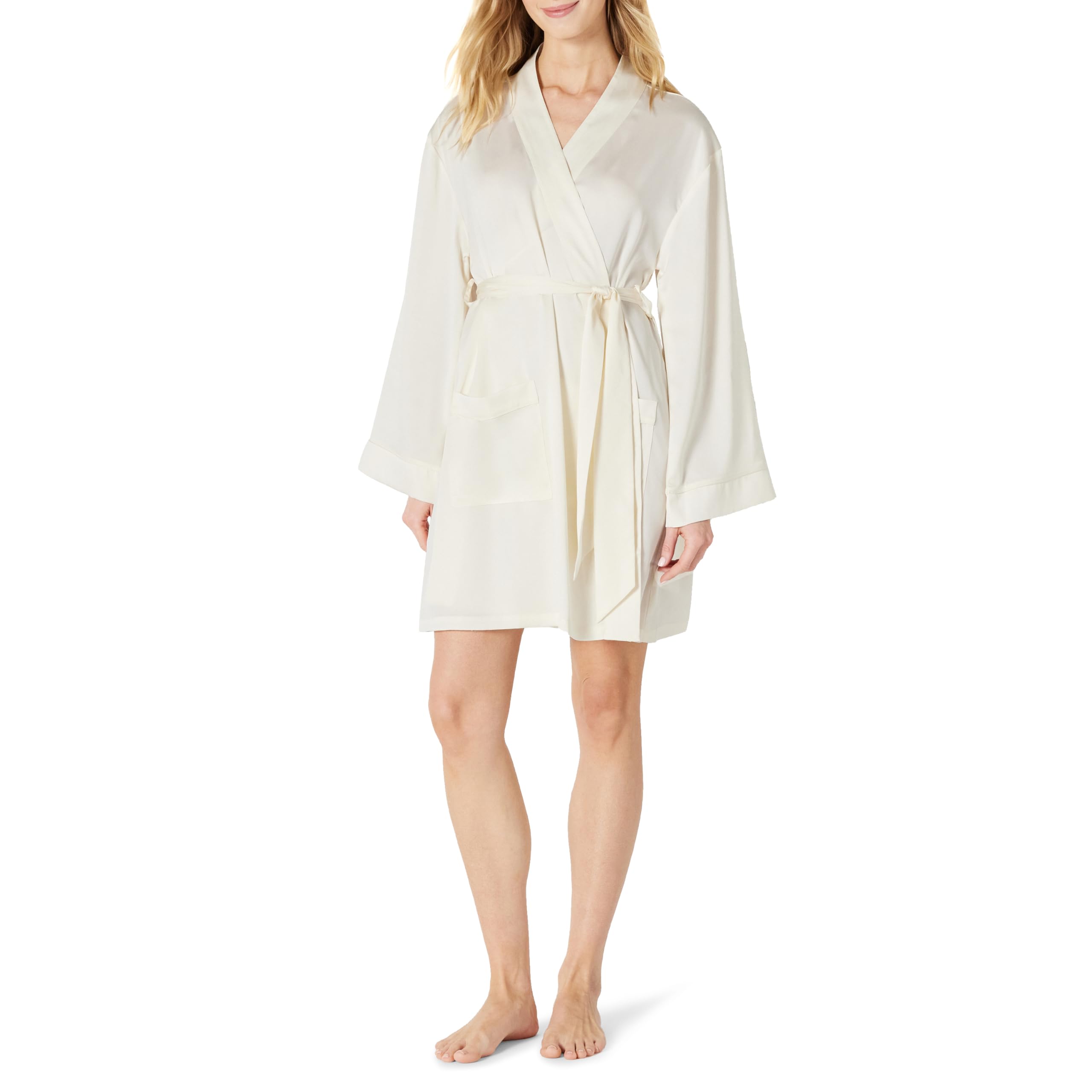 Amazon Essentials Women's Relaxed-Fit Satin Sleep Robe, Ivory, Small