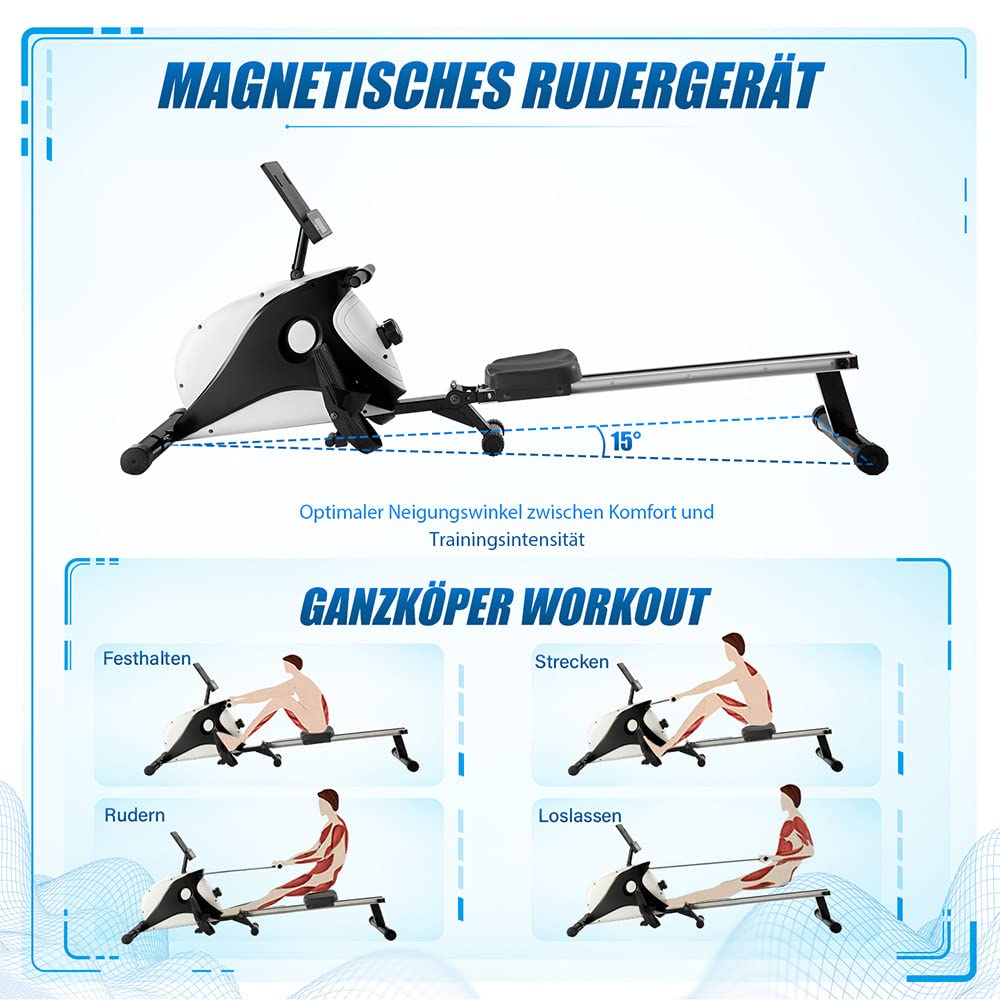 Vogatore Domestico Regolabile per La Casa,Vogatore Magnetico,8 Livelli di Resistenza,con Monitor LCD Silent Rower,Doppi Scivoli in Alluminio,Fino A 110Kg,Fitness Attrezzi Casa.