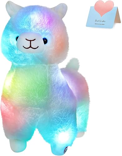 BSTAOFY Animales de peluche de alpaca iluminados de 13.5 pulgadas, con luz LED, llama blanca, suave, con luces nocturnas coloridas, regalo para