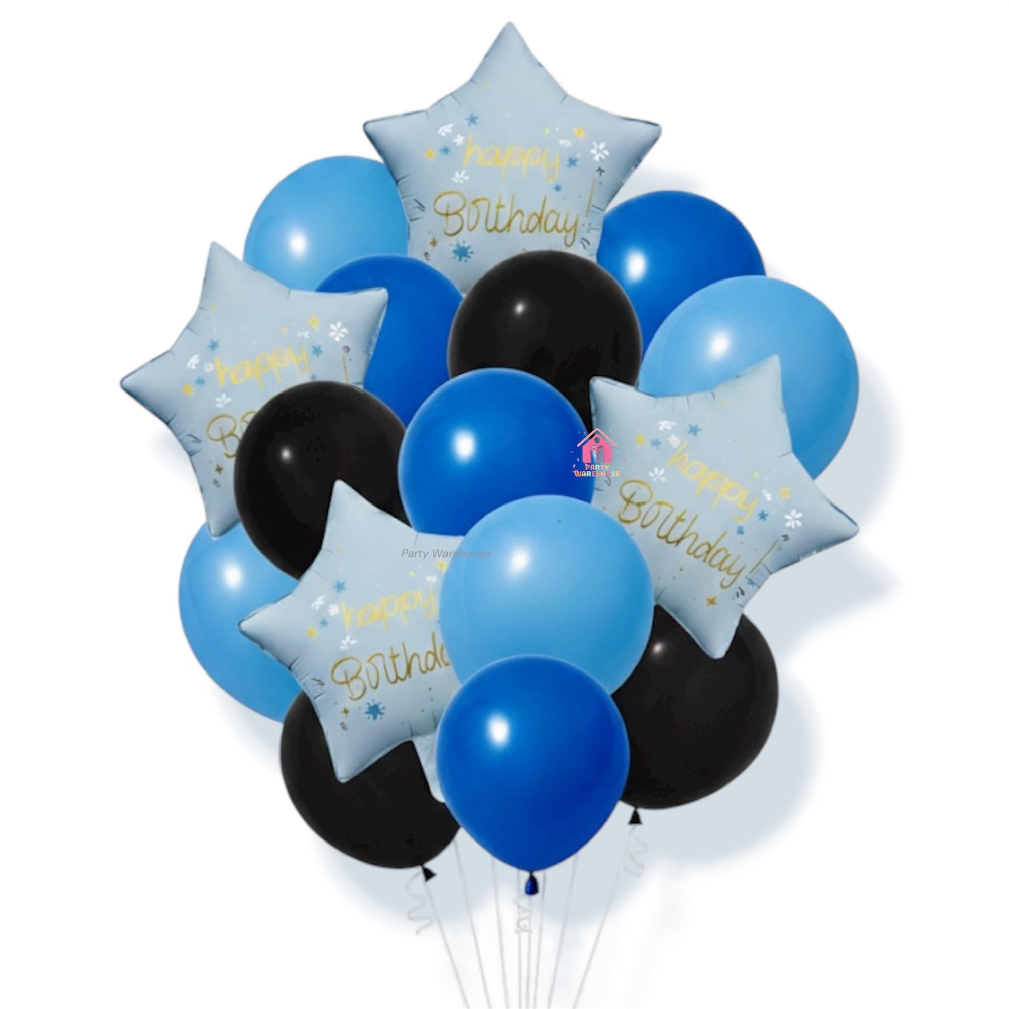 Party Warehouse Happy Birthday Balloon Bouquet Set |Star Foil & Latex Balloons Decorations for Boys, Men,Women & Kids| Colourful Blue Themed Party Supplies(16 Pcs)