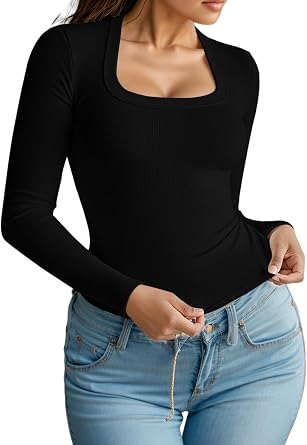 Womens Long Sleeve Shirts Slim Fitted Square Neck Tops Casual Ribbed Knit Crop Tops Shirts