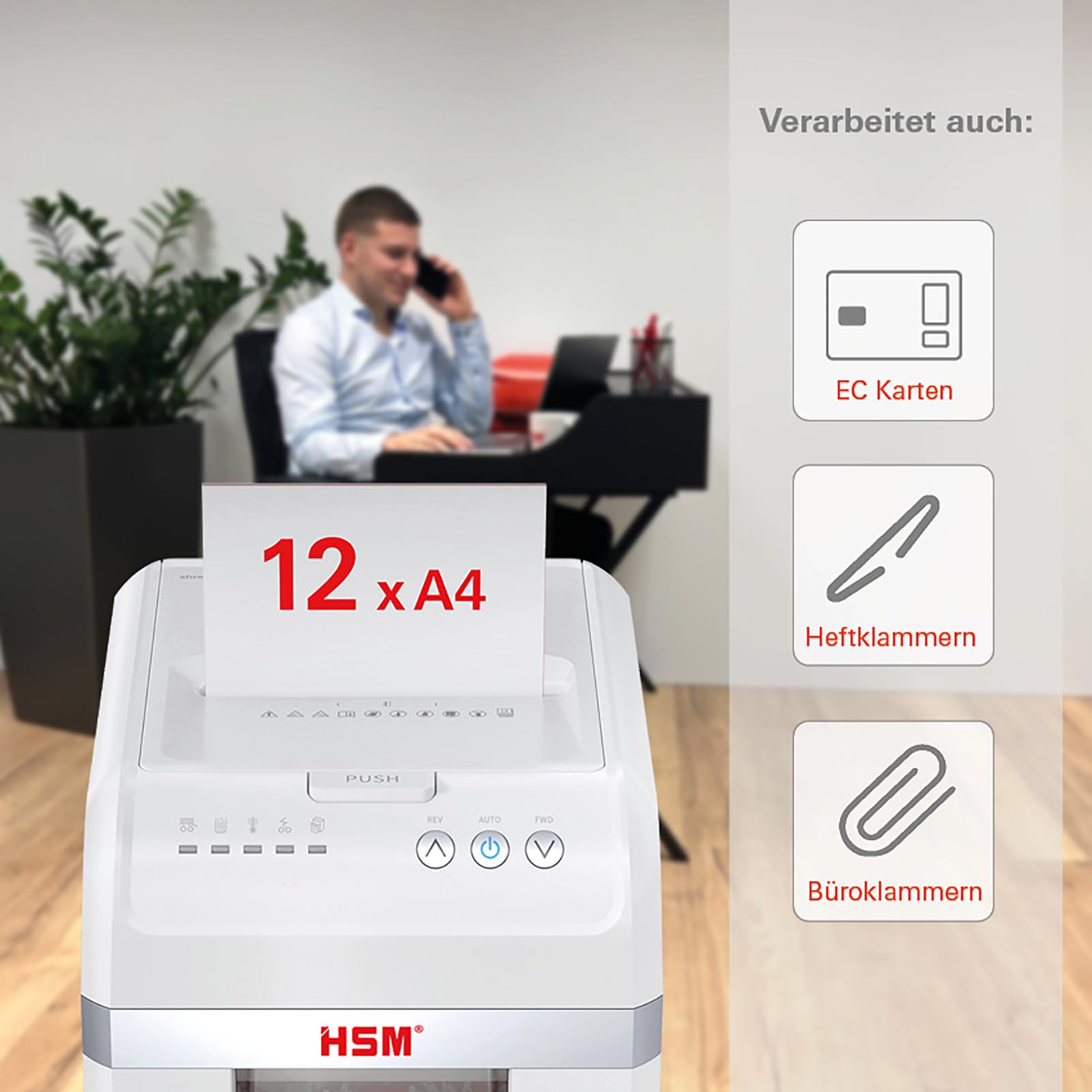 HSM shredstar Autofeed X300 - Trituradora de papel, 300 hojas, para oficina, oficina en casa, clips de papel, tarjetas de crédito, 4 x 12 mm, nivel de seguridad P4, depósito de 30 litros