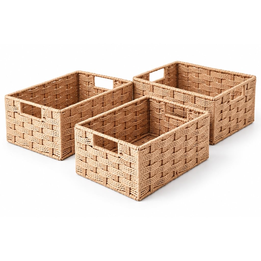 Eden & Willow Storage Baskets, 3Pcs Small Woven Straw Wicker Storage Baskets with Handle for Shelves, Utility Room, Kitchen, Bedroom, Organising Storage Baskets for Home & Office — image 1
