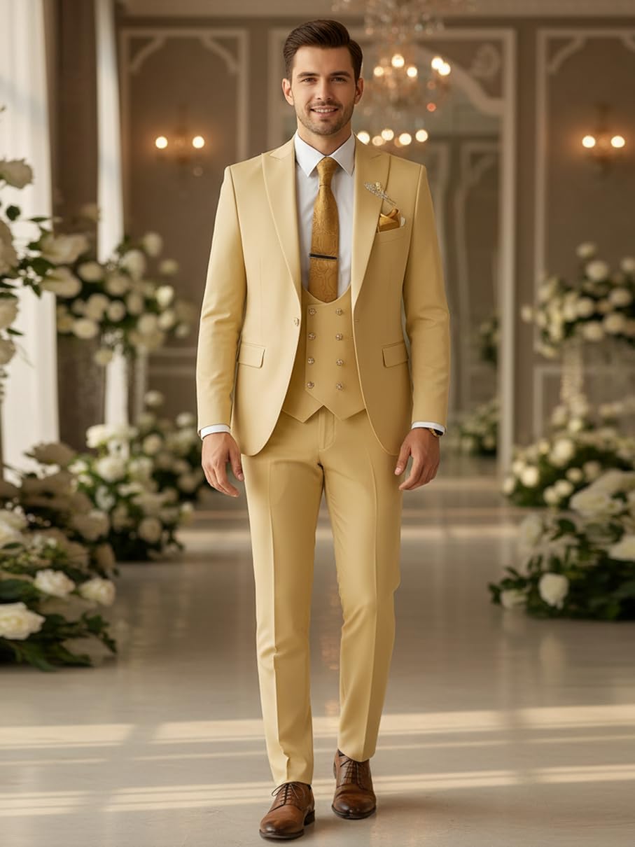 Wangyue Men's Suits 3 Piece Slim Fit Suits for Men Double Breasted Suit Men Business Wedding Prom Tuxedo Suit