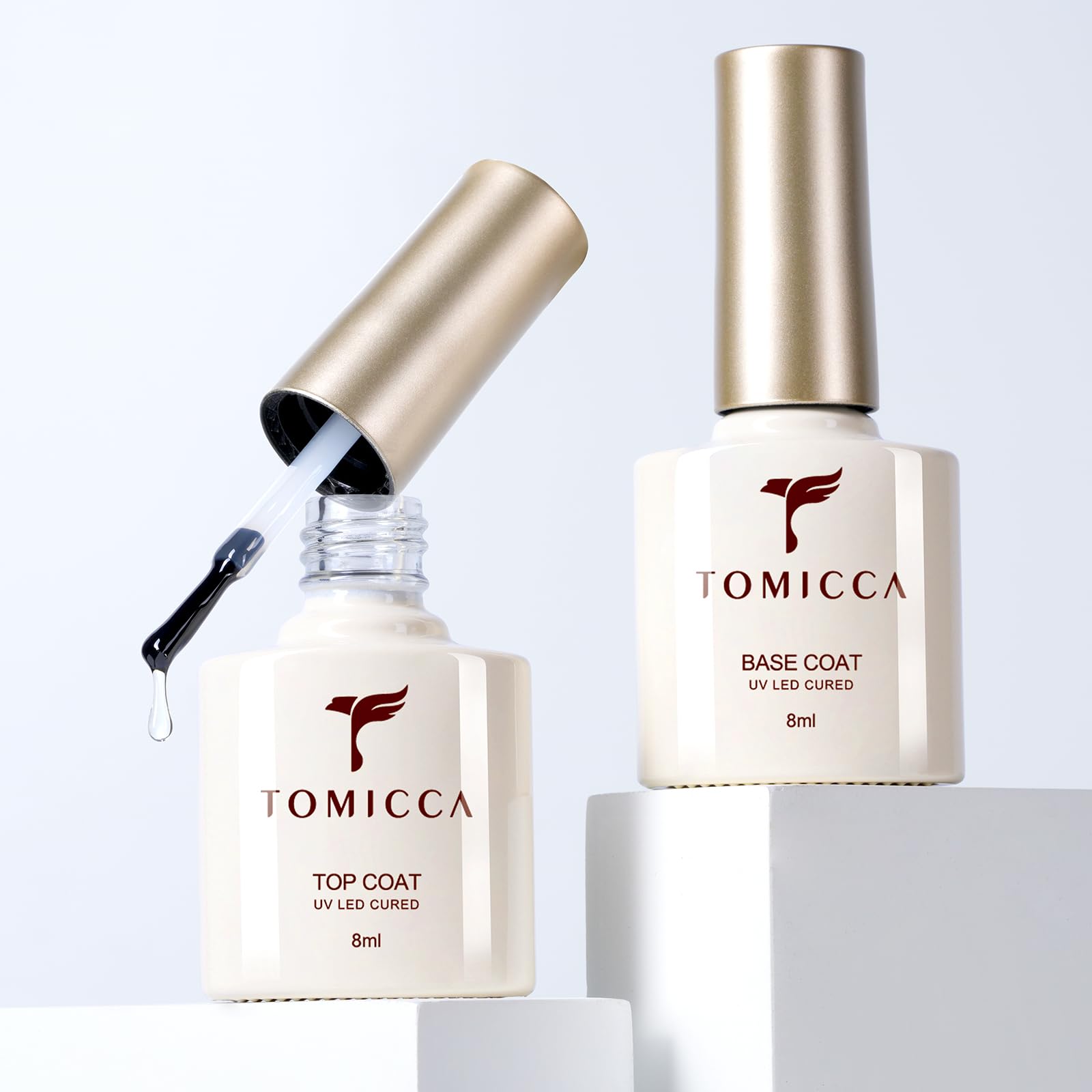 TOMICCA Base Coat Top Coat Gel UV Set, Primer UV Nagellack Set, Soak Off Unterlack und Überlack fur Nail Art Design Nägel Maniküre Kit für Nagelstudio DIY Home 2 x 8ml