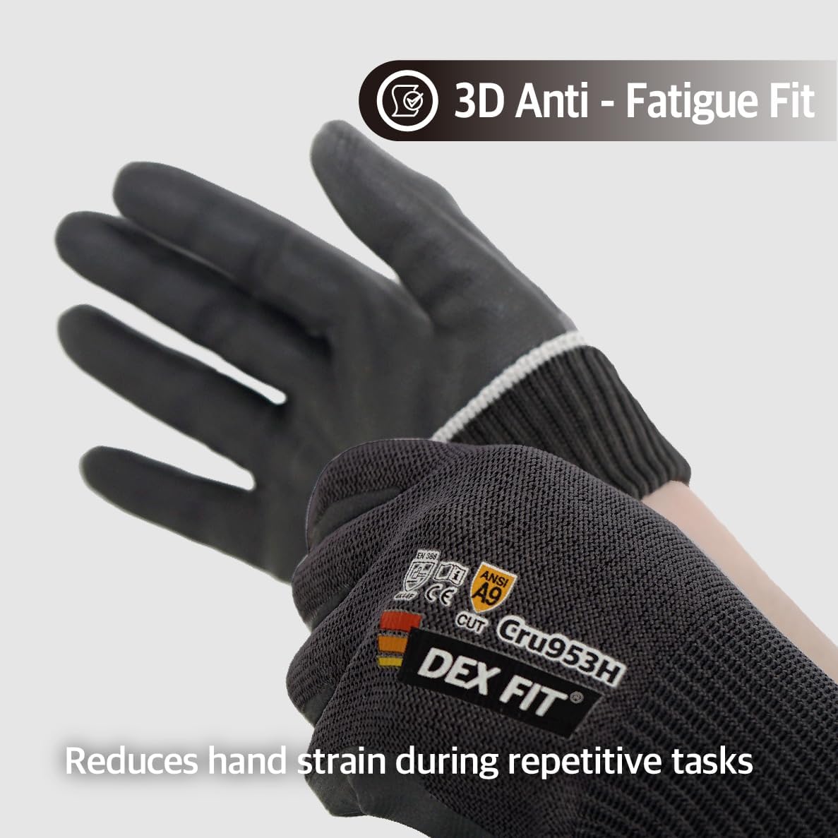 DEX FIT Cru953H Level A9 Cut Resistant Gloves, Fiberglass-Free, Power Grip Foam Nitrile, 3D Comfort Fit, Touchscreen, 13-Gauge for Sheet Metal, Stamping, Glass, Recycling; Blackgray XS 1 Pair - Image 6