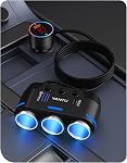 YANTU Corded Car Charger 3 Socket Cigarette Lighter Splitter Dual USB Car Charger with LED Voltage Monitor and Separate Switch Compatible for Most Phones and Other USB Devices