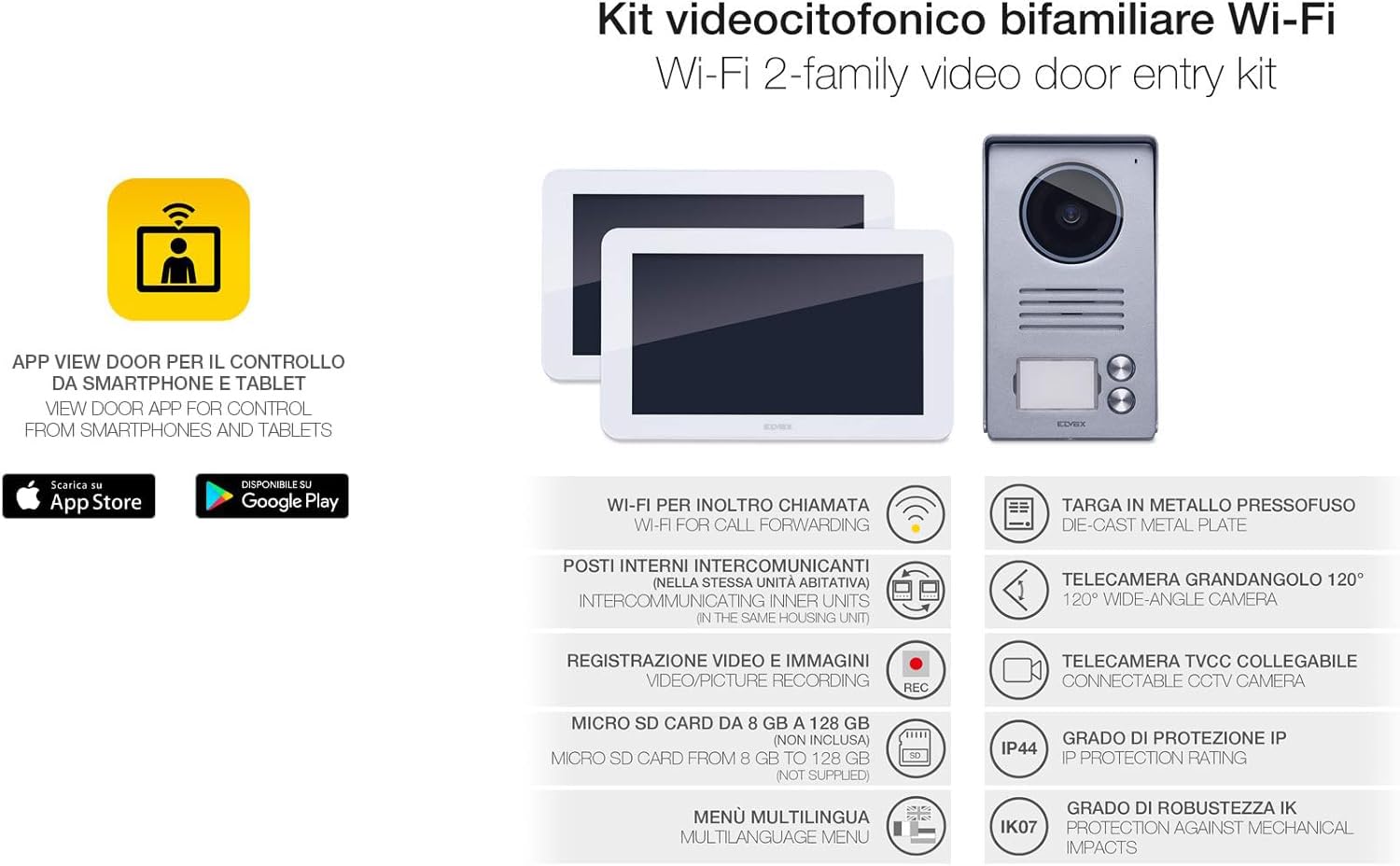 VIMAR K40956 Kit videocitofonico da parete con: 2 videocitofoni touch screen vivavoce Wi-Fi a colori LCD 7", targa audiovideo 2 pulsanti, 2 alimentatori, completo di staffe per il fissaggio, bianco