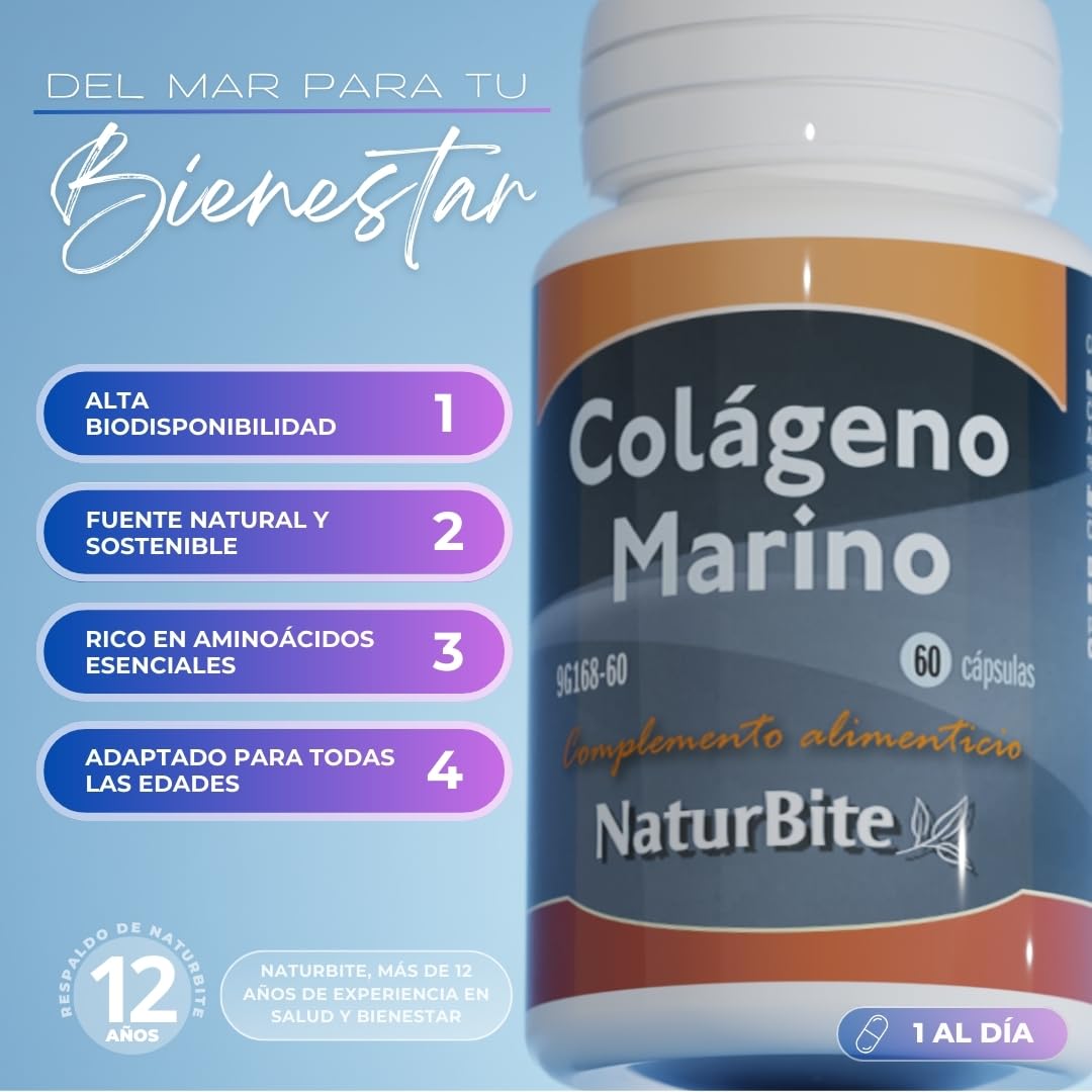 Colágeno Marino Hidrolizado NaturBite – Proteína de Colágeno de Pescado – 240 Cápsulas – Complemento Alimenticio para Piel, Cabello, Uñas y Articulaciones