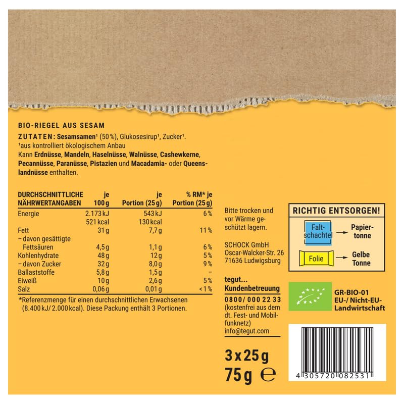 tegut… Bio zum kleinen Preis Knusperriegel Sesam, 75g