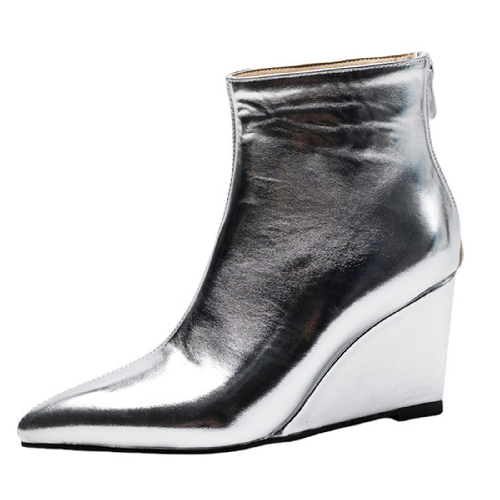 Womens Patent Leather Wedge Heel Ankle Booties Fashion Pointed Toe Back Zipper Western Chelsea Dress Boots Classic Glossy