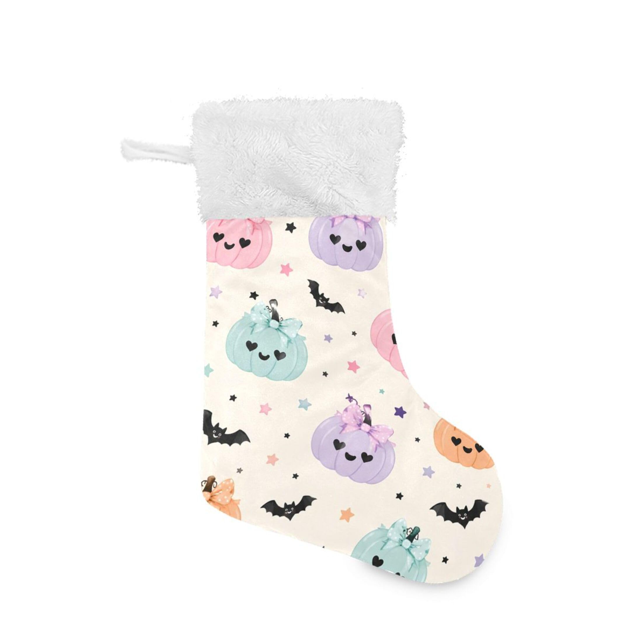 Fuauuyl Pumpkins Bats Christmas Stocking 18 In Xmas Hanging Stocking with Plush Cuff for Family Holiday Party Fireplace Decorations, 1 Pack