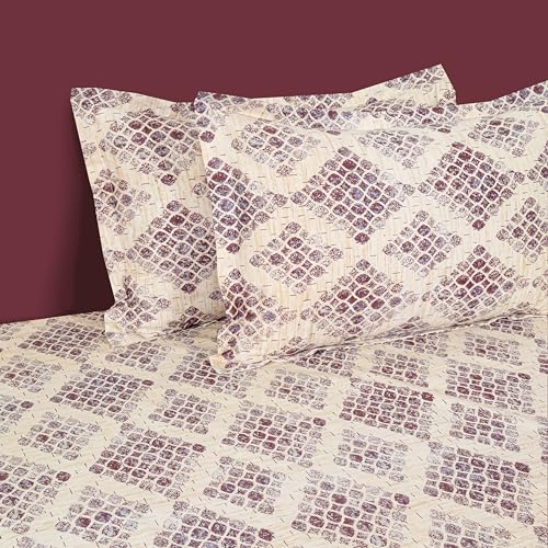 Image of Swayam Pure Cotton King Fitted Bedsheet with 2 Pillow Covers | Size 72 x 78 x 10 inch | 160 TC | Geometric Design | Soft Breathable Bed Sheet | Comfortable & Durable for Bedroom - Beige