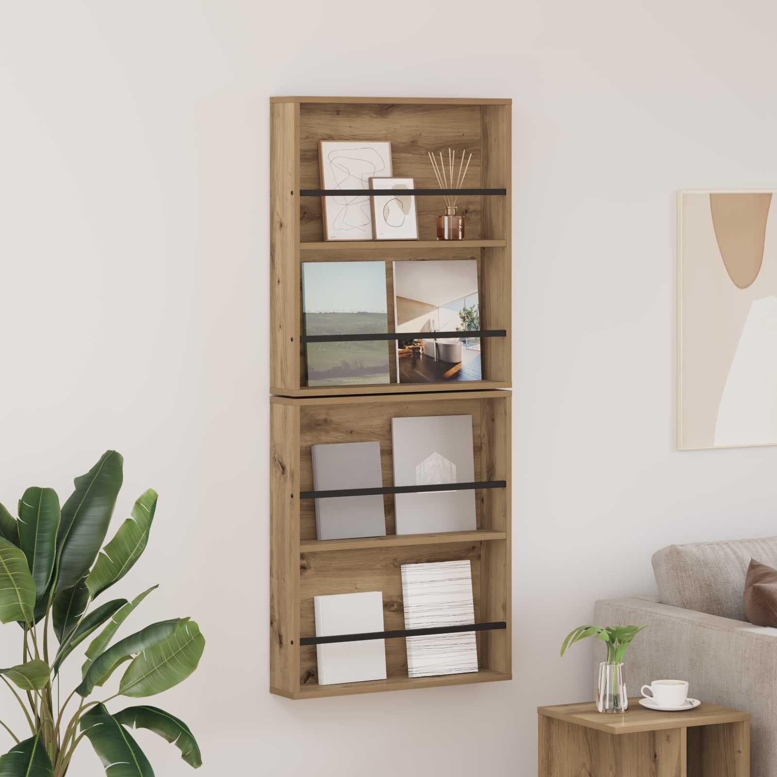 Générique Uchwyt ścienny na czasopisma dębowe 60x12x70 cm, regał na czasopisma z drewna inżynieryjnego z regulowanymi półkami, nowoczesny schowek ścienny do salonu lub biura, łatwy minimalistyczny