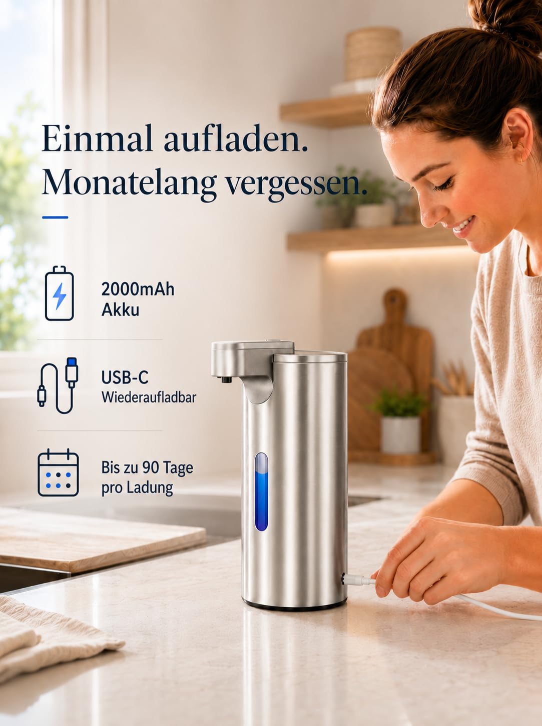 Fantictas Seifenspender Automatisch Edelstahl, USB-C, 3 Dosierstufen | Berührungsloser Sensor, 2000mAh USB-C Akku,IPX4 Spritzschutz, SUS304 Edelstahl für Bad Küche Büro，Flüssigseife