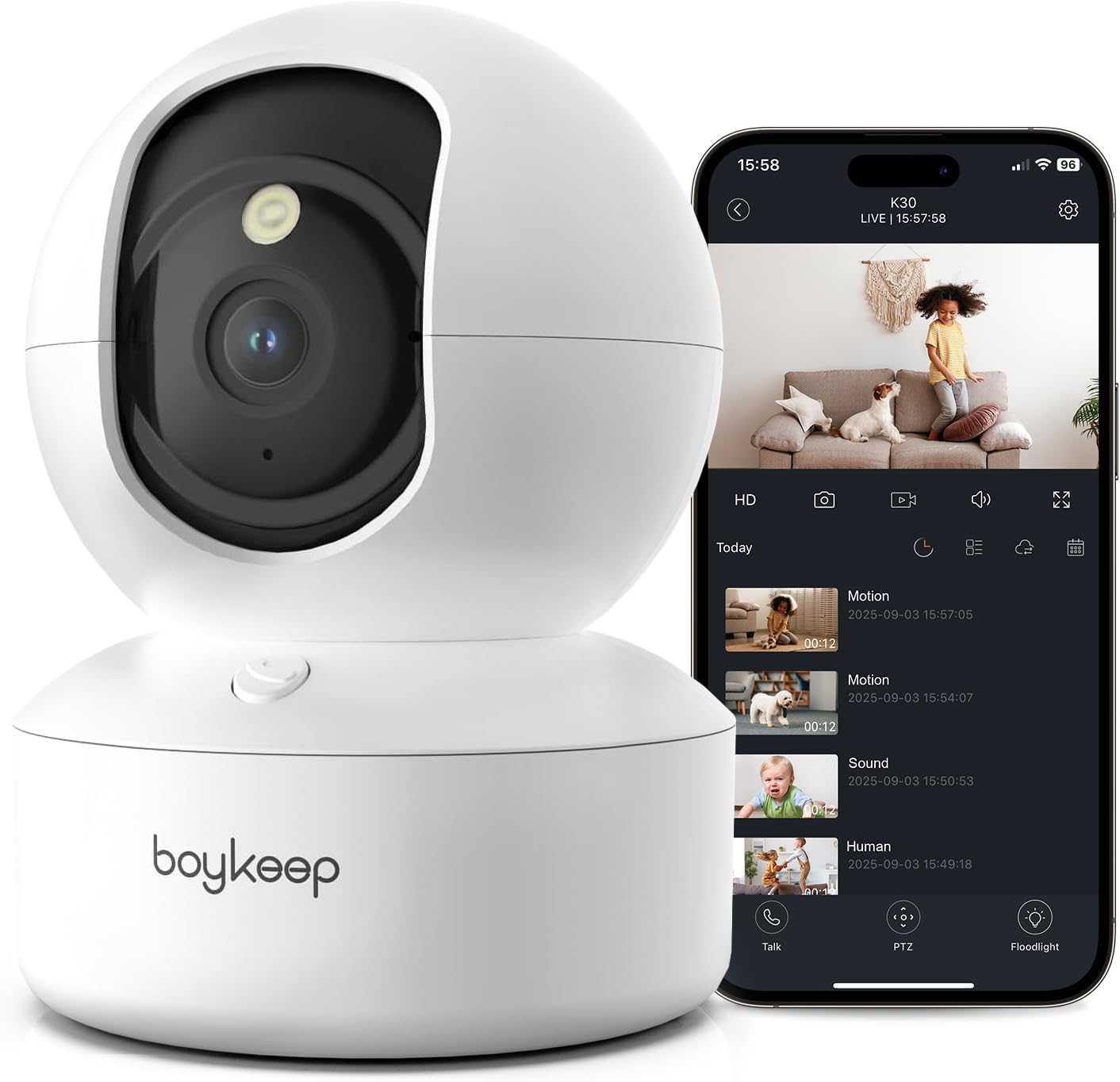 BoyKeep K30 Indoor Camera showing front lens, base, and power port