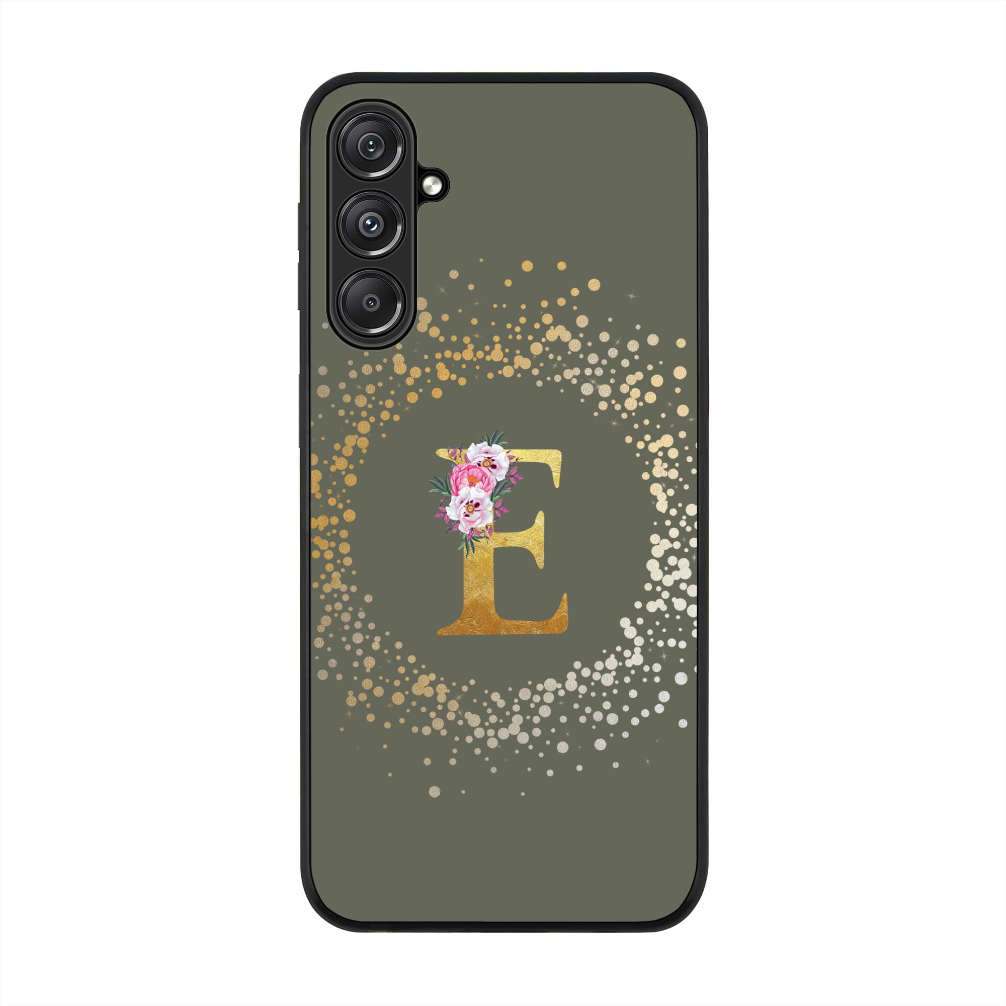 StylizeddRugged Black Edge case for Samsung Galaxy M34 5G, Slim fit Flexible Anti Drop Thin Phone Case Cover - Custom Monogram Initial Letter Floral Pattern Alphabet - E (Olive Green)