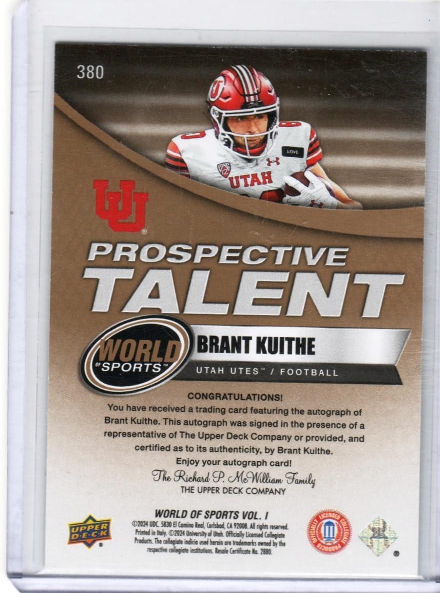 Brant Kuithe Autographed Prospective Talent Auto World of Sports Collectible Football Card - 2024 Upper Deck Football Card #380 (Utes)