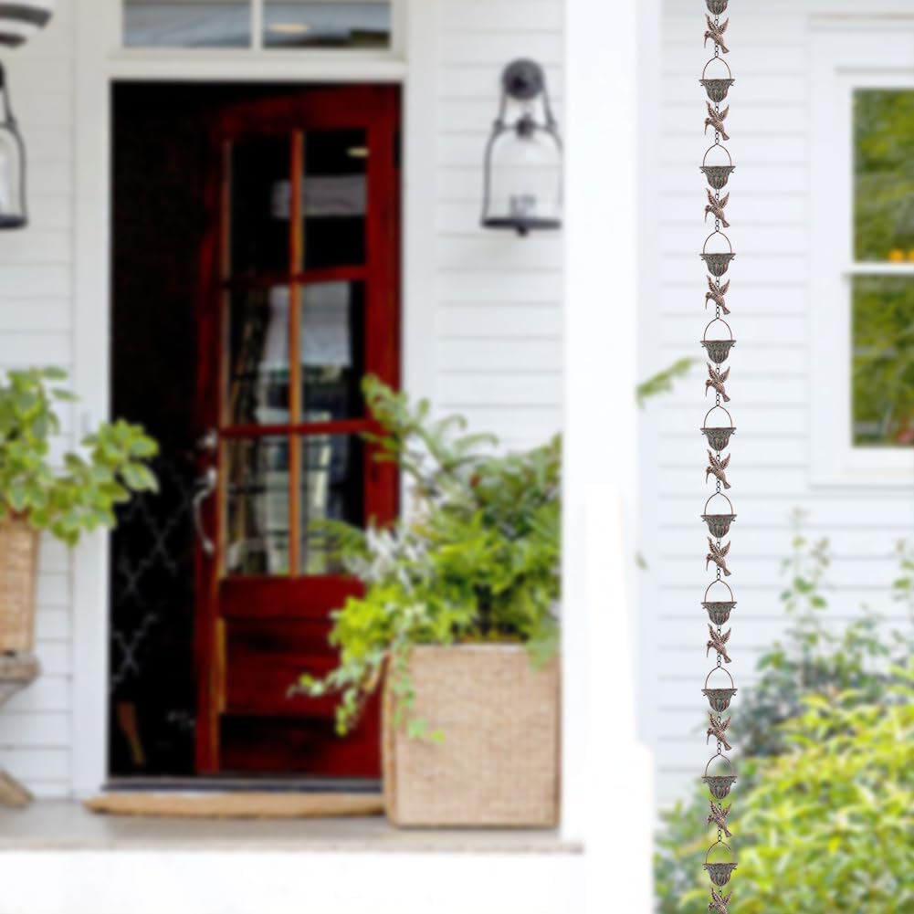 Rain Chain for Gutters, 8.7 Ft Rain Chains with 12 Cups & Detachable Hummingbird Decor, Adjustable Rain Catcher Chain with Bell for Eaves Drainage, Replacement for Downspout