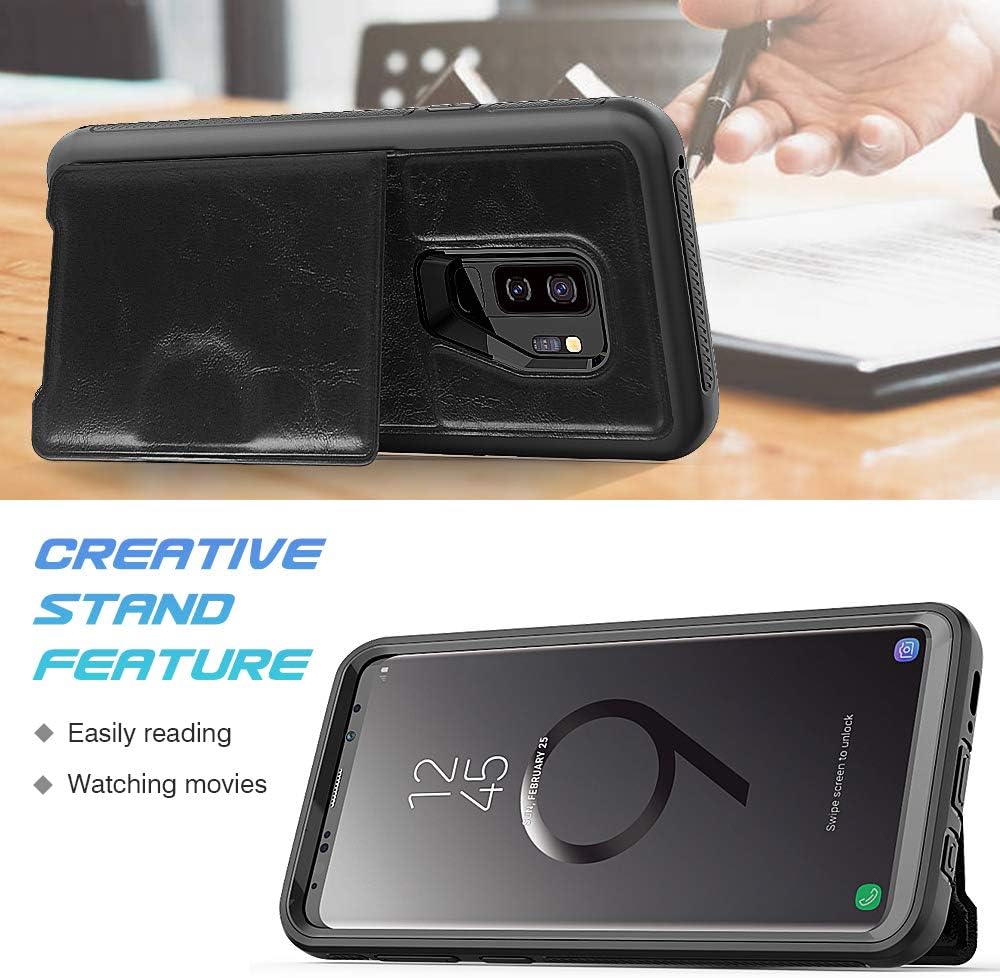 Galaxy S9 Plus Case with Card Holders,SXTech (Leather Cover Series) Slim Yet Protective with Kickstand.Built-In Magnetic Backing Wallet Case Fit for Samsung Galaxy S9 Plus 6.2 Inch (2018) -All Black