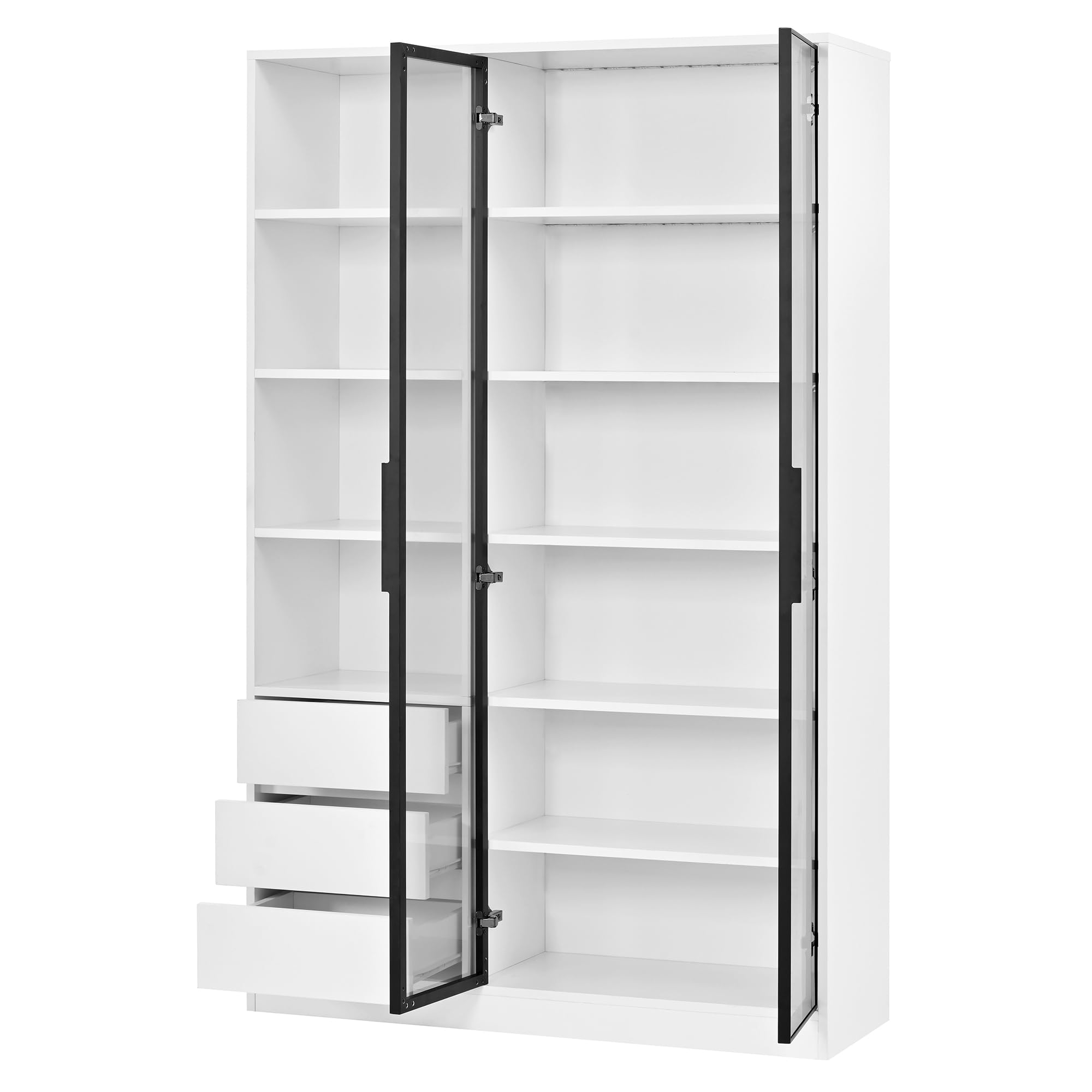 TIZZ Vetrina a 3 cassetti, 2 ante in vetro temperato destra, ripiano regolabile in altezza, design bianco, credenza, armadietto per sala da pranzo, soggiorno, armadietto per vino