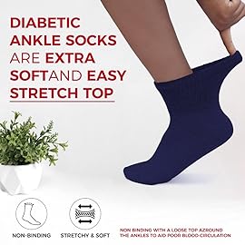 Diamond Star Diabetic Ankle Socks, Non-Binding Circulatory Doctor Approved Cushion Cotton Quarter Socks for Mens Womens 13-15 (12 Pairs Navy)