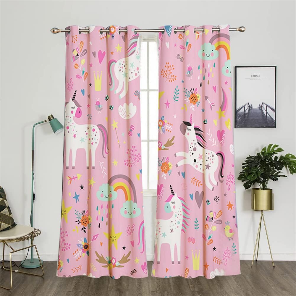 Koudi Pink Blackout Curtains Unicorn Curtains for Kids Girls Nursery Room Thermal Insulated Window Drapes Cartoon Rainbow Heart Star Pattern, 2 Panels, 52 x 84 Inch