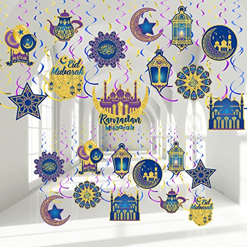 Zonon 30 Pieces Eid Ramadan Mubarak Decorations for Home Hanging Swirl Streams Ceiling Decor Star Moon Lantern Shining Foil Decor for Eid Al-fitr Party Egyptian Supplies(Blue Dark Purple Gold)