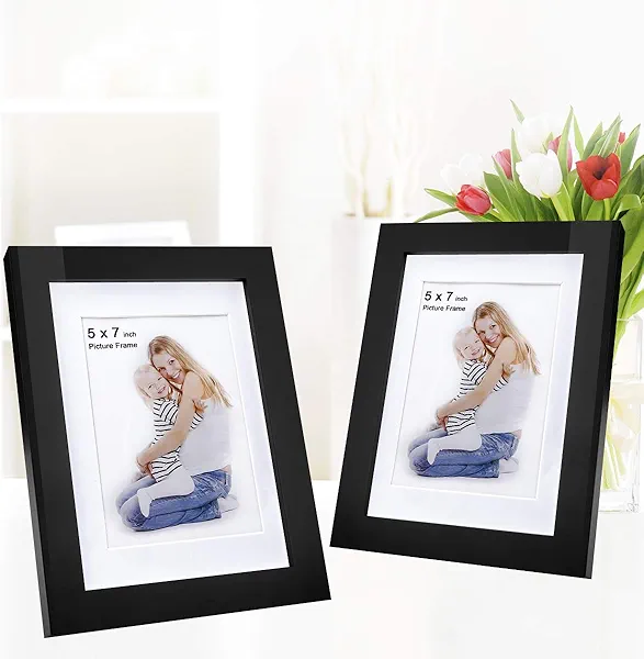 5x7 Picture Frames (2 Pack Black) 7x5 Photo Frame Made of Solid Wood 5x7 Wood Frame Display on Table Top 5x7 Photo Frame for Wall Mount 4x6 Photo w/Mat in Picture Frame 5x7 Photo w/o Mat in Wood Frame