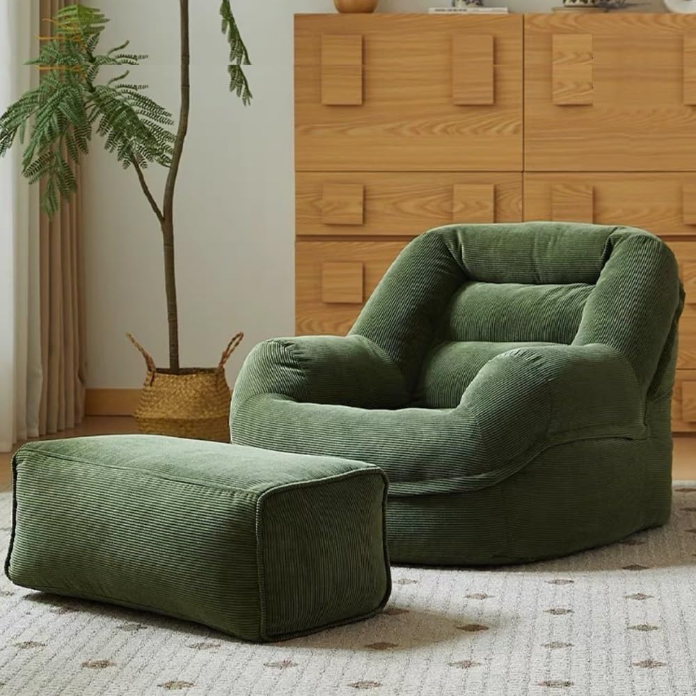 Corduroy Bean Bag Cover (No Filler) Washable Soft Sofa Cover Bean Bags Storage Solution Lazy Sofa Beanbag Chairs for Adults Living Room Bedroom(Dark Green,2 in 1 Cover)