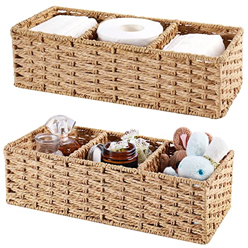Vagusicc 3-Section Wicker Baskets for Shelves, Hand-Woven Round Paper Rope Wicker Storage Basket, Toilet Paper Basket for Toilet Tank Top, Baskets for Organizing, 2-Pack