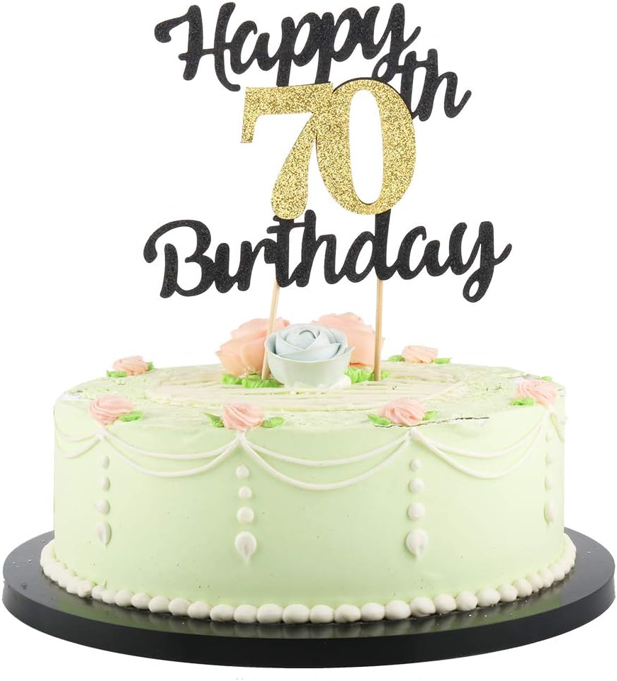 LVEUD Happy Birthday Cake Topper Black Font Golden Numbers 70th Birthday Happy Cake Topper -Birthday Party Decorations (70th)