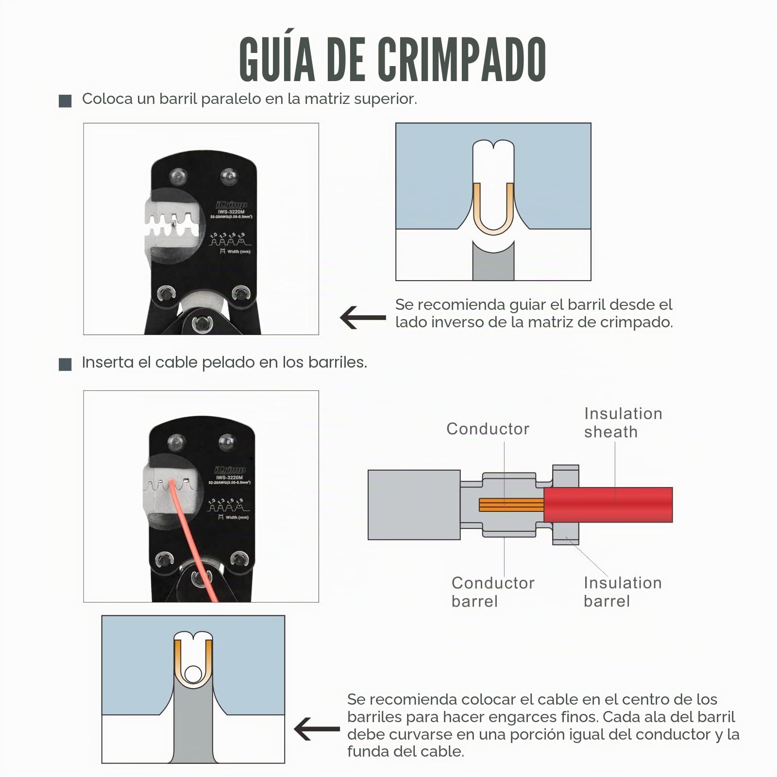 iCrimp IWS-3220M Herramienta de prensado de clavijas con micro conector 0.03-0.52mm² Prensador de trinquete para D-Sub, Trajes de barril abierto Molex, JST, JAE