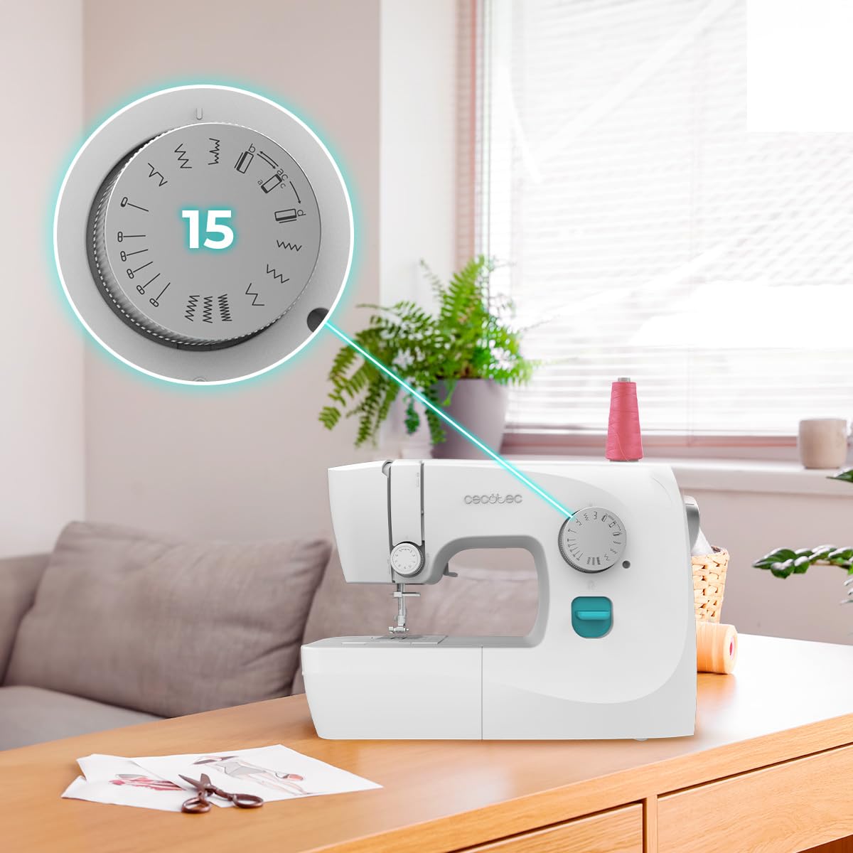 Cecotec Elektryczna maszyna do szycia BelleCouture 1500. 15 ściegów do szycia, początkujący, 4-suwowy ręczny Ojal, regulowane napięcie, LED, akcesoria w zestawie, idealna dla początkujących